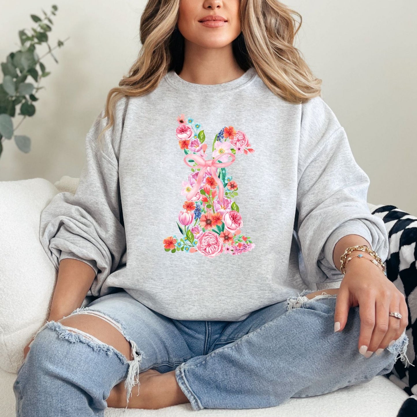 Pink Floral Bunny Graphic Sweatshirt