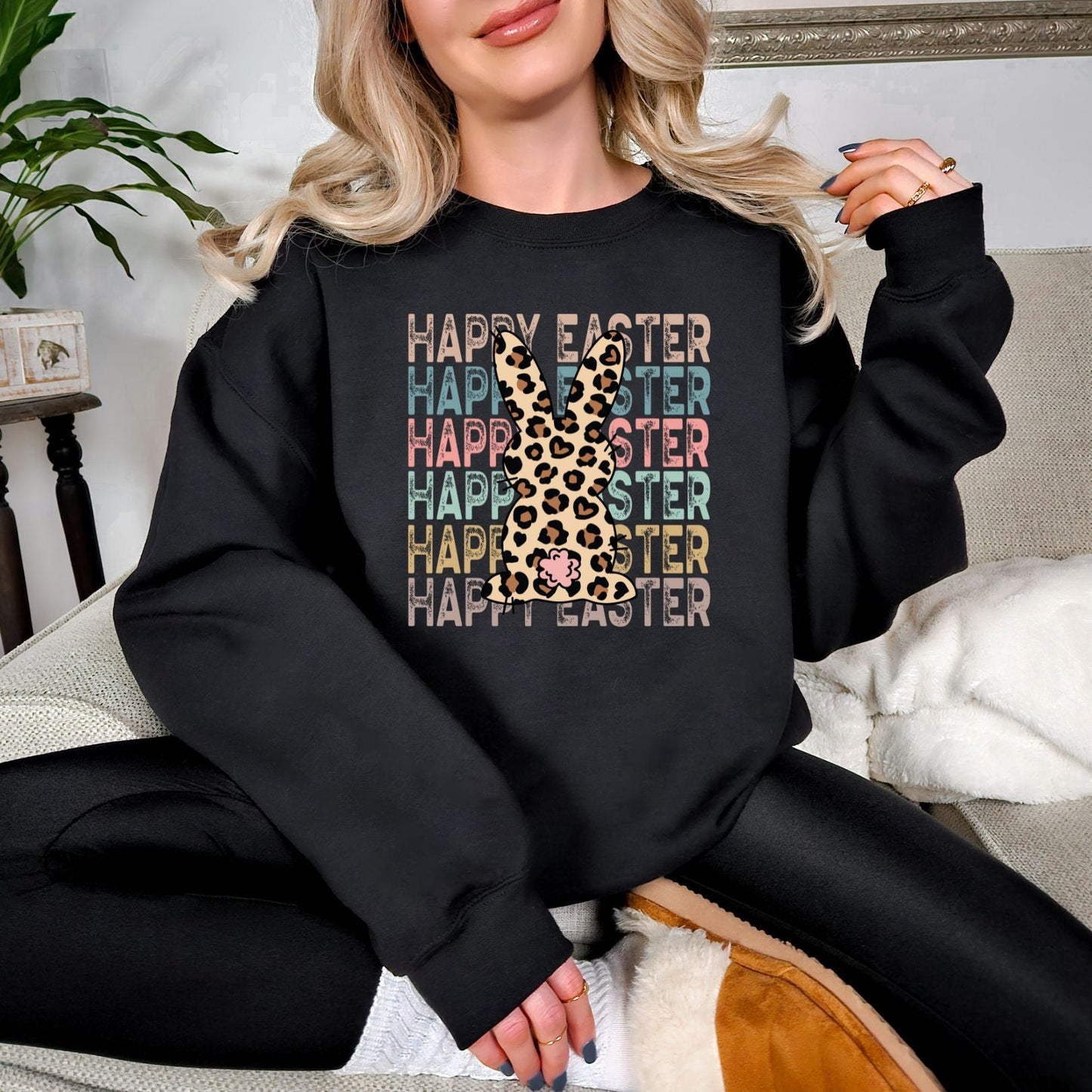 Leopard Bunny Happy Easter Graphic Sweatshirt