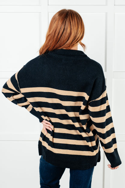 Well Situated Striped Quarter Zip Sweater in Black and Tan